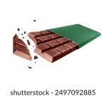 Broken bar of dark chocolate in wrapper close up on a white background