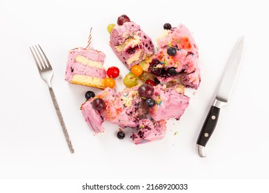 Broken Birthday Cake Isolated On White Background. Bad Birthday. Spoiled Holiday. High Quality Photo