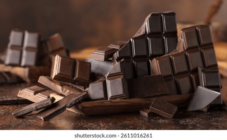 Broken bitter and milk chocolate bars on a brown vintage background.
