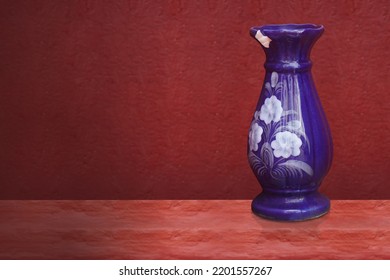 Broken Blue And White Color Ceramic Vase On Red Cement Floor, Red Wall Cement Background, Object, Decor, Home, Vintage, Copy Space