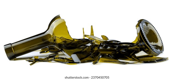 Broken bottle of dark glass isolated on white background . Glass shards on white background .