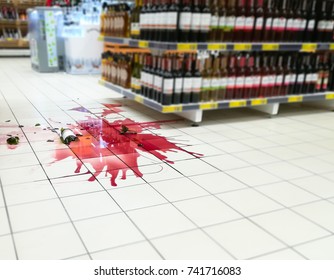 Broken Bottle With The Wine, Red Puddle On The Floor