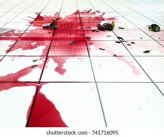 Broken Bottle With The Wine, Red Puddle On The Floor