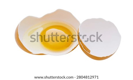 Broken brown chicken egg with raw yolk and clear albumen in shell halves