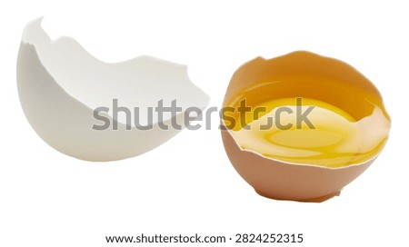 Broken brown chicken egg with raw yolk inside and separate shell piece