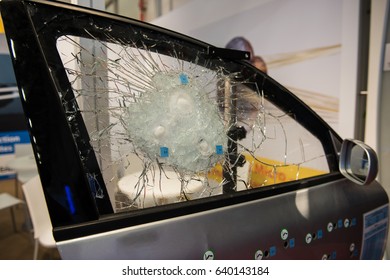 Broken Bulletproof Glass. Car.