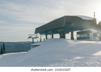 A Broken Cable Car In A Ski Resort Covered With Snow