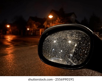 Broken car mirror reflecting raindrops and streetlight at night. - Powered by Shutterstock