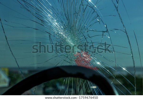 Broken car windshield. Web of radial cracks, crack
on triple windshield. Broken windshield car, damaged glass with
traces of an oncoming stone on road or trace of downed pedestrian
or animal on road