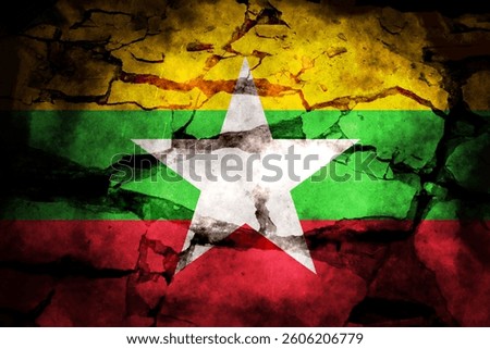 Broken cement blocks mixed with Myanmar flag. Repeat exposure. Describes the earthquake symbol. Can be used for background or news purposes