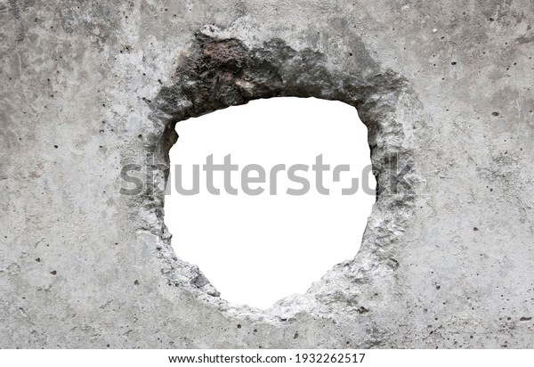 Broken\
cement wall photo with clipping path of the\
hole.