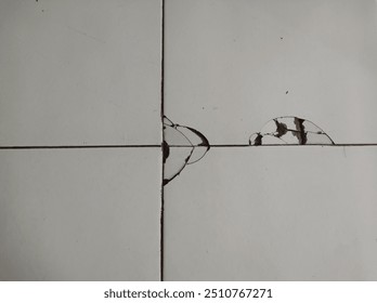 Broken ceramic floor. Create a pattern of two unconnected fragments. Right in the corners and in the middle.