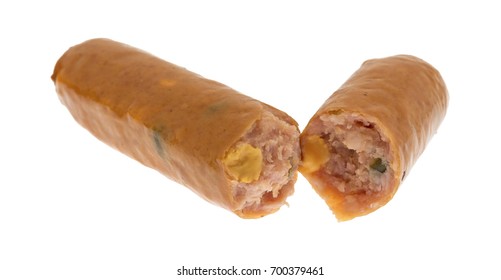 A Broken Cheddar And Jalapeno Sausage Isolated On A White Background.