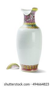 Broken Chinese Ceramic Vase on White Background