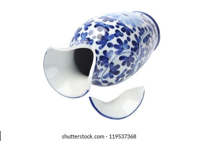 Broken Chinese Porcelain Vase Lying on White Background