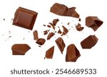 Broken chocolate bar pieces flying. Chocolate isolated on white background. Milk Chocolate explosion with cocoa crumbs and nuts, Top view. Flat lay. Pattern
