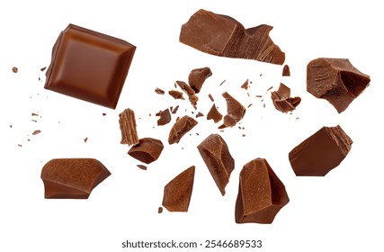 Broken chocolate bar pieces flying. Chocolate isolated on white background. Milk Chocolate explosion with cocoa crumbs and nuts, Top view. Flat lay. Pattern
