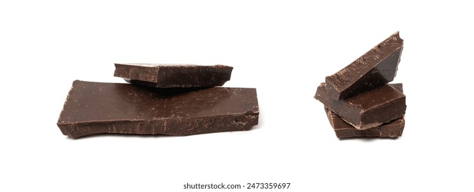 Broken chocolate bar stack, isolated. Milk chocolate square pieces, cubes, small bloks pile, choco segments on white background side view