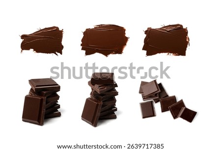 Broken chocolate bar stack, isolated. Milk chocolate square pieces, cubes, small bloks pile, choco segments on white background side view