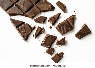 Broken Chocolate Bar, White Background, Top View