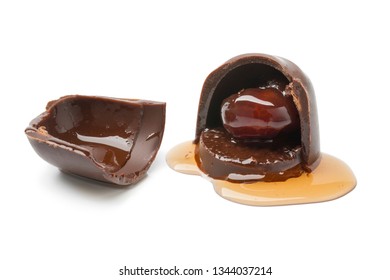 Broken Chocolate Cherry Bonbon Isolated On White Background 