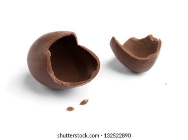 Broken Chocolate Egg, Isolated On White