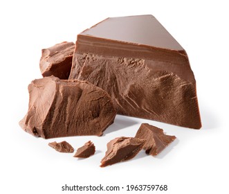 Broken chocolate. Chocolate pieces isolated. Chocolate pieces on white background as package design elements. With clipping path.