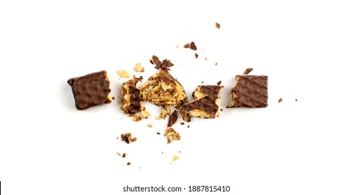Broken Chocolate Wafers Isolated. Wafer Bar Pieces, Waffle Biscuits Bites. Crunchy Bar Cookies Crumbles, Long Biscuit Sticks Chunk on White Background Top View
