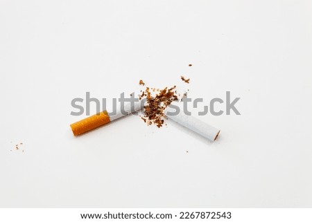 Broken cigarette on a white surface with a filter on the left, top view, horizontal