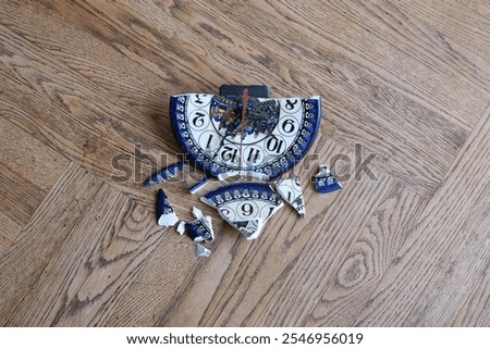 Broken Clock. Lost Time. Missed opportunities. Collected fragments of broken wall clock. The concept of lost time. The concept of lost time and missed opportunities