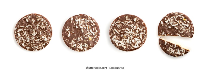 Broken Coconut Biscuit Coated in Dark Chocolate. Round Cookies Collection Isolated on White Background Top View - Shutterstock ID 1887815458