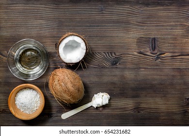 broken coconut for food on wooden table background top view space for text