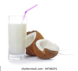 Broken Coconut With Juice In Glass