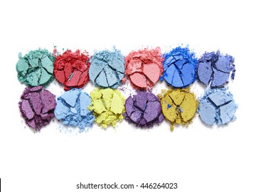 Broken Colorful Eye Shadow Make Up Palette Isolated On A White Background