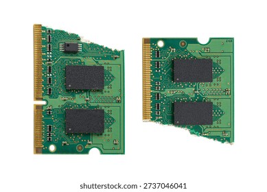 Broken computer RAM memory module on white background. Memory deficit and data shortage concepts symbolizing the global tech supply crisis	