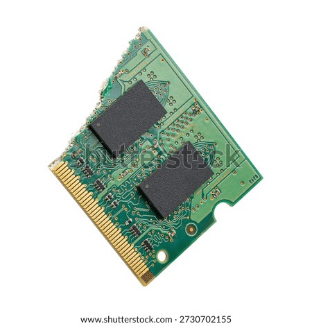 Broken computer RAM memory module on white background. Memory deficit and data shortage concepts symbolizing the global tech supply crisis