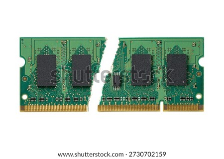 Broken computer RAM memory module on white background. Memory deficit and data shortage concepts symbolizing the global tech supply crisis