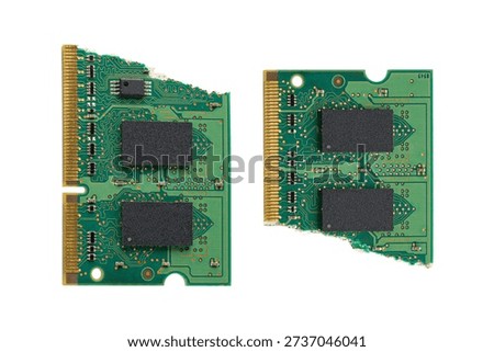 Broken computer RAM memory module on white background. Memory deficit and data shortage concepts symbolizing the global tech supply crisis	