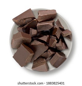Broken or cracked chocolate pile in ceramic bowl from top or overhead isolated on white background including clipping path. - Powered by Shutterstock