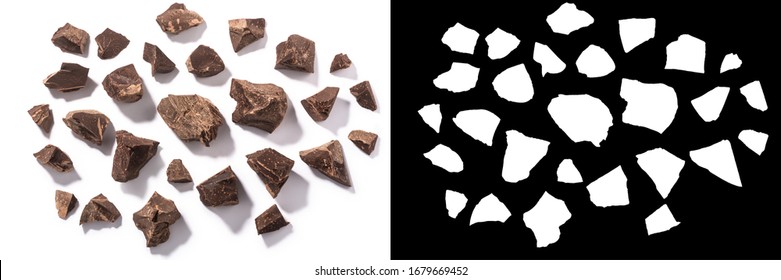 Broken Crude Chocolate Pieces Isolated, Top View