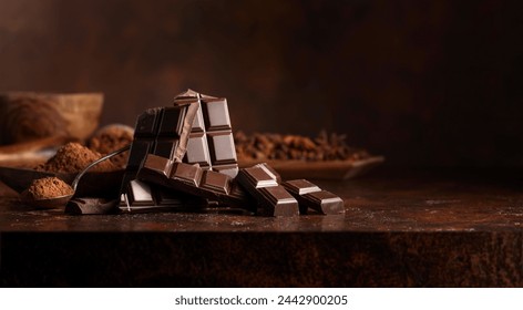 Broken dark chocolate bar and cocoa powder on a brown table. Copy space. - Powered by Shutterstock