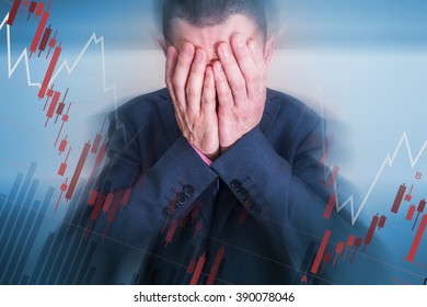 Broken Depressed Businessman Cover His Face. Men Who Lose All His Money Trading Stocks And Currency.