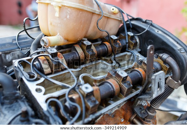\
Broken and disassembled car\
engine