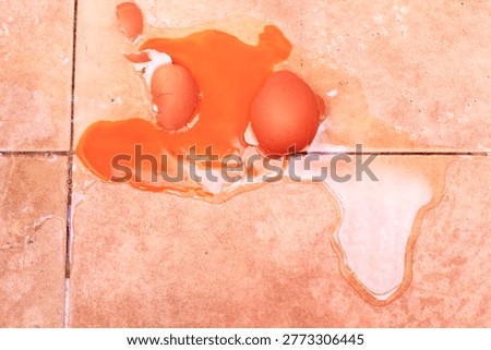 broken egg, spilled yolk, eggshell fragments, kitchen accident, food mess, cracked egg, tiled floor, cooking mishap, raw egg