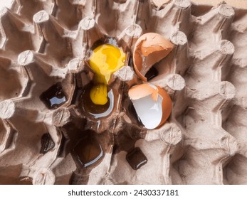 Broken eggs yoke and eggshells. Broken eggs on paper egg panel 