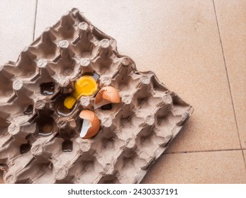 Broken eggs yoke and eggshells. Broken eggs on paper egg panel 