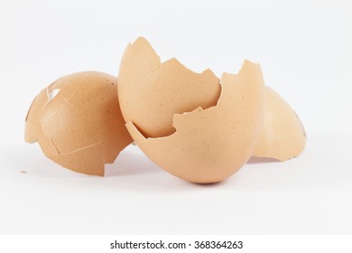 broken eggshell closeup, still life macro isolated on a white background