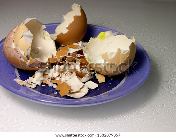 A broken eggshell, containing the remains of\
half-cooked white and yolk, on blue saucer of unbreakable glass.\
Around on glossy white surface of a water drop. Wholesome food.\
Close-up, narrow focus.