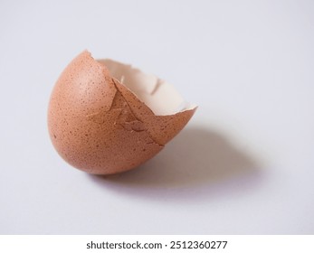 Broken eggshell on white background