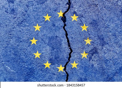 Broken EU (European Union) Flag Isolated On Cracked Wall Background, Abstract Europe Politics Economy Conflicts Concept